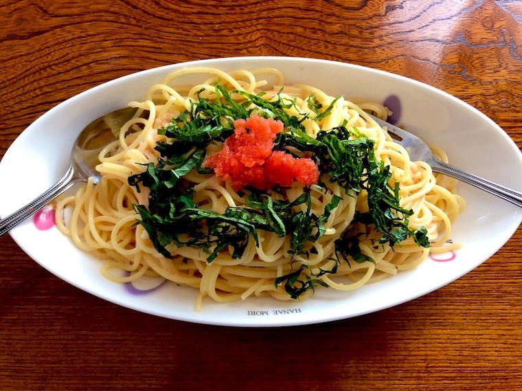 Japanese style spicy cod roe pasta. Seaweeds and green Shiso on top