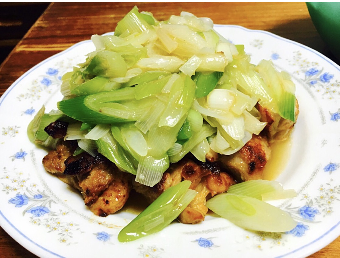 Sauteed chicken and green onions on top.