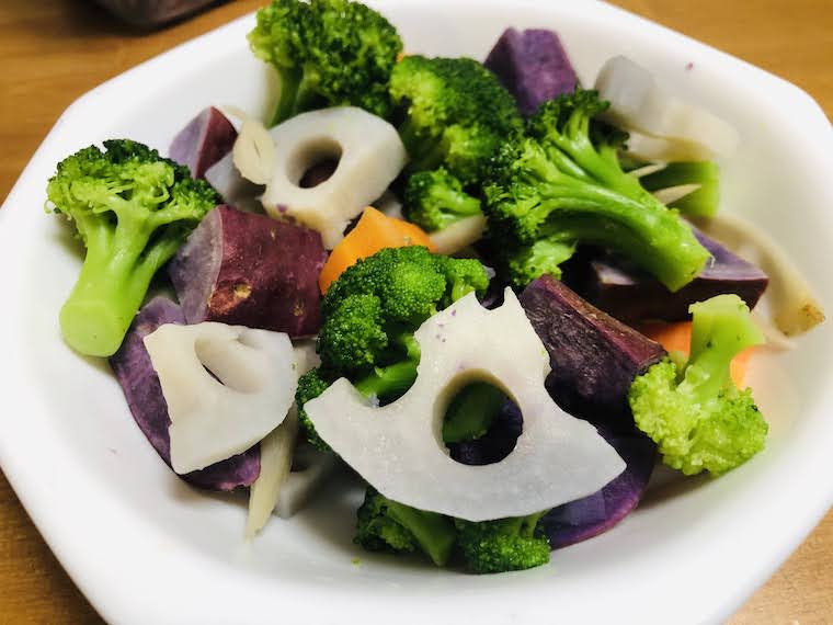 purple sweet potato salad with broccoli and lotus root