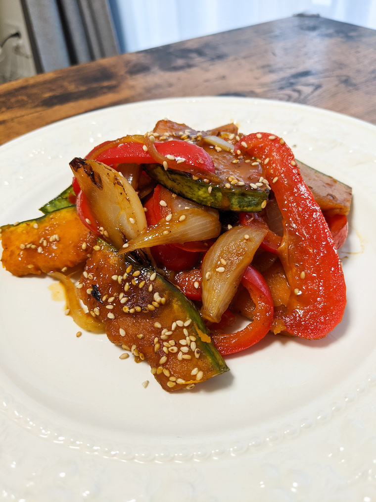 Sauteed pumpkin, bell pepper, and onions with sweet vinegar