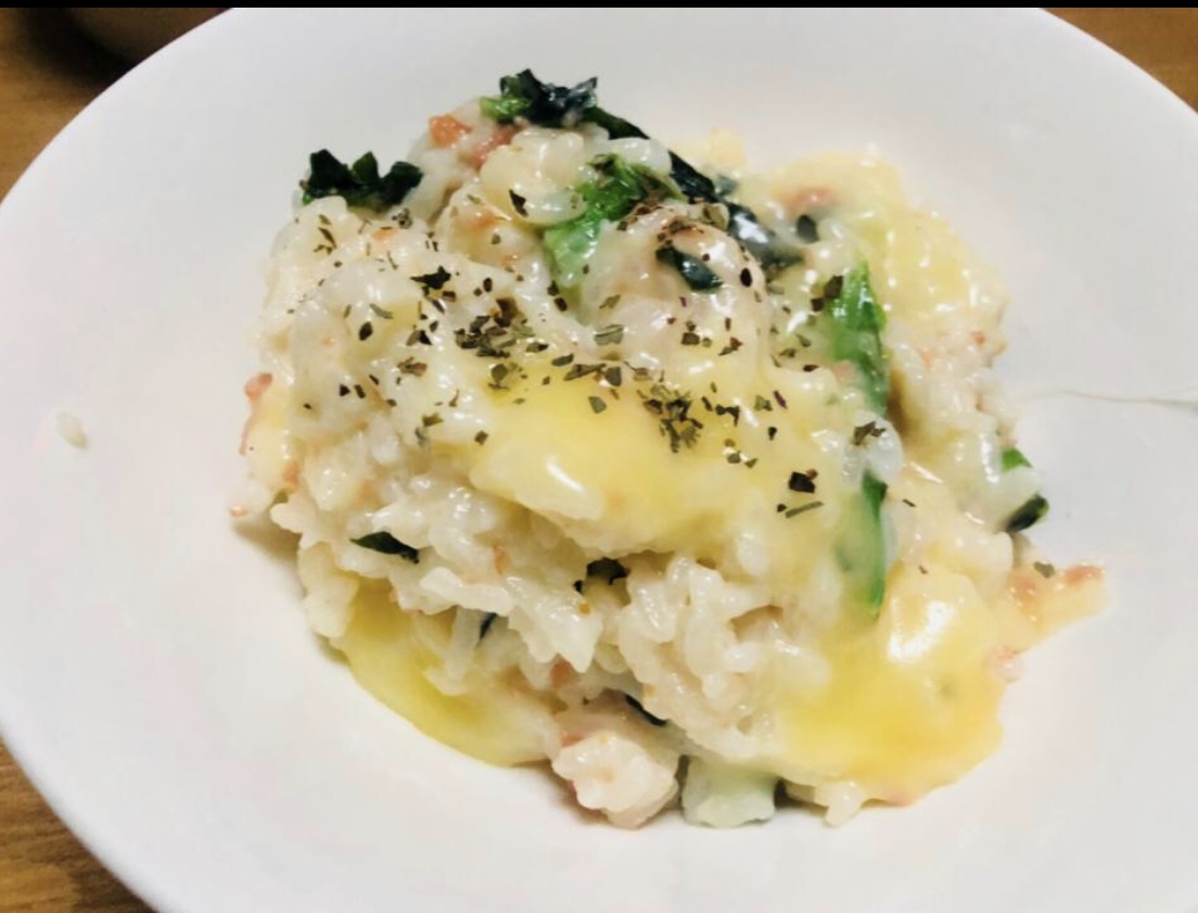 Rich risotto with salmon flakes on top